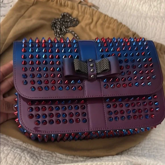 Louboutin Studded Blue and Red Women's Bag - Picture 11 of 17